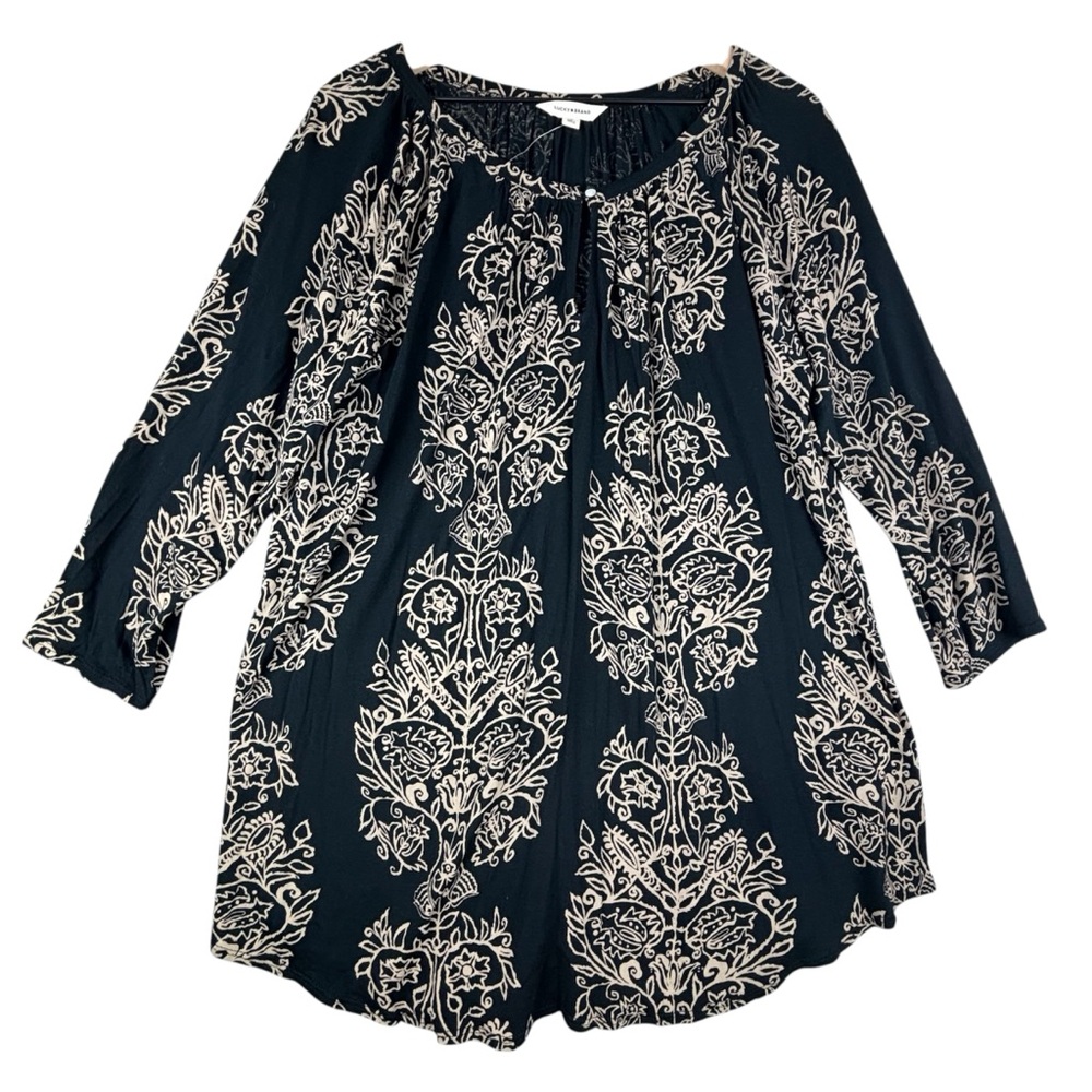 Lucky Brand Shirt Womens 1X‎ Black Tan Keyhole Neck Flowy Peasant Boho